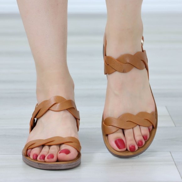 Tan Strappy Trendy Flat Gladiator Comfort Sandal Slip On Sliders - Picture 3 of 12